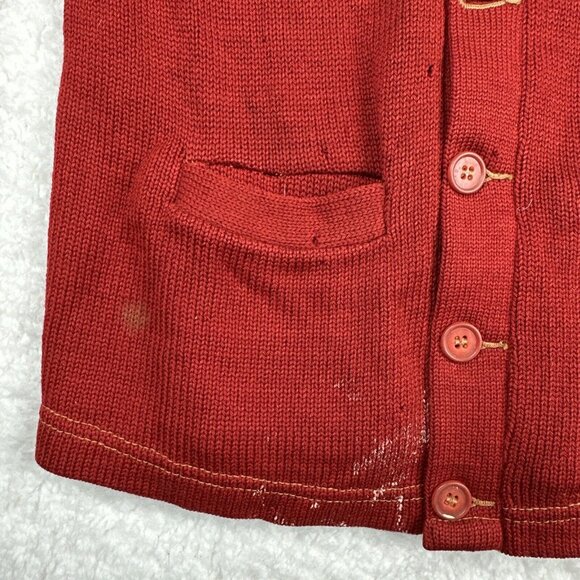 Vintage Wool Cardigan Sweater Distressed Brick Red Primitive 40s Varsity USA - Picture 9 of 16
